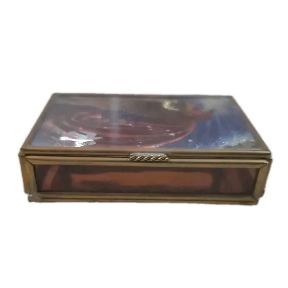 Vintage Mirrored Via Vermont Glass Trinket Box Angel Doves Religious Beautiful‎